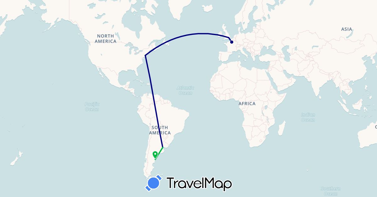 TravelMap itinerary: driving, bus in Argentina, France, United Kingdom, United States (Europe, North America, South America)